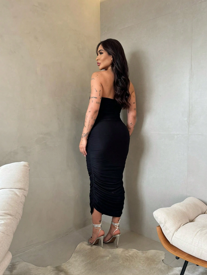 Vestido Midi Justo com Franzido Lateral